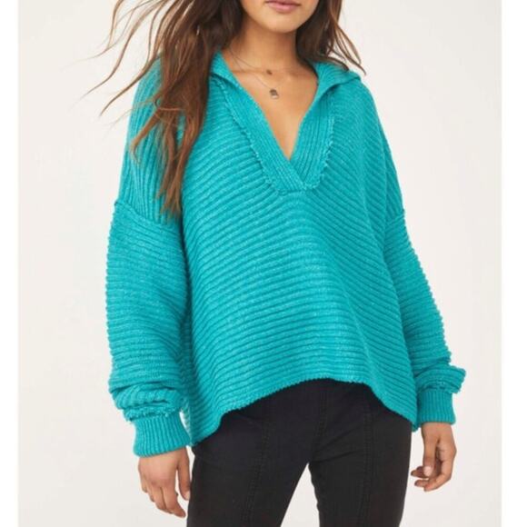 Free People Marlie sweater oversized sz Large L teal turquoise blue ribbed knit - Picture 1 of 8